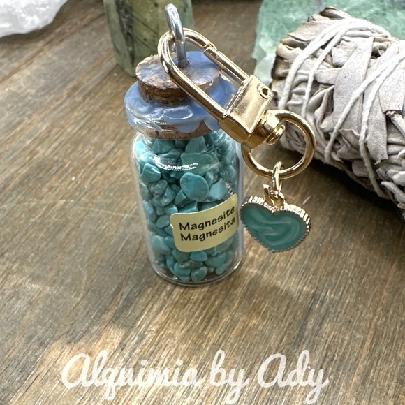 Alquimia Accessories - Blue magnesite crystal bottle card/key holder keychain gold bag charms